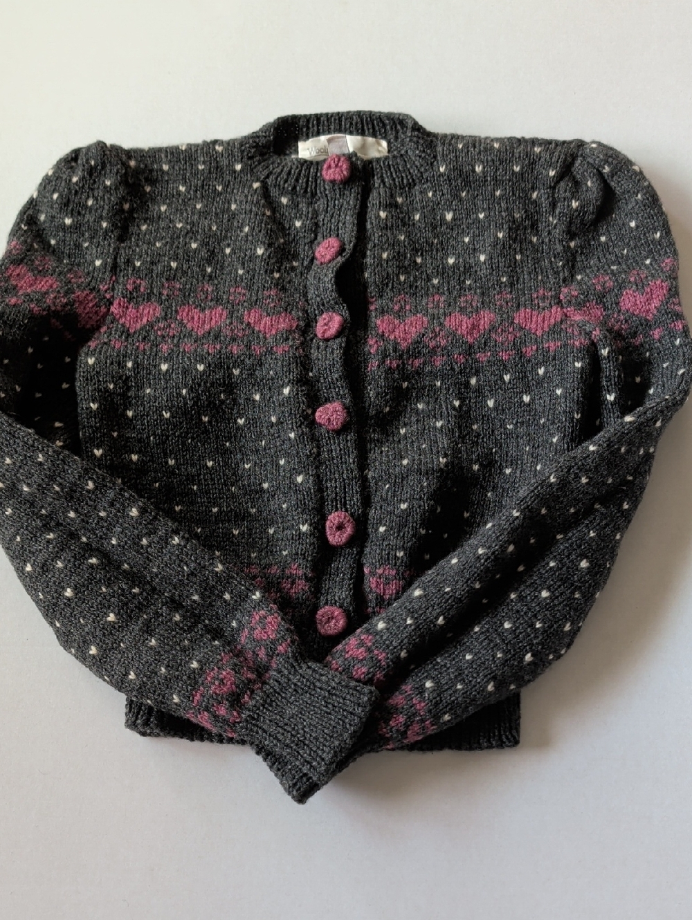 Woolies Women's Charcoal Gray Knit Cardigan with Pink Heart Accents